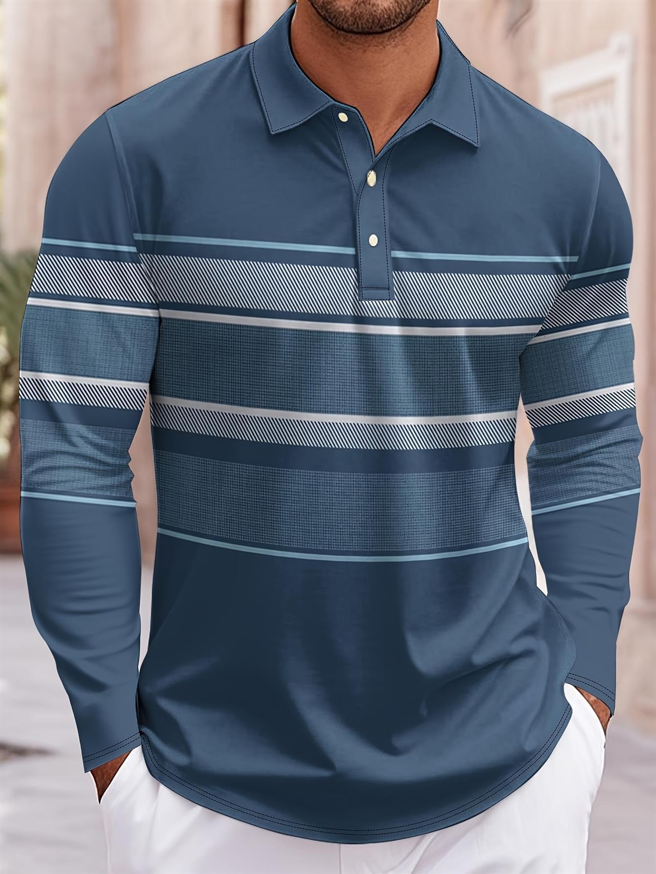 Designer Men's Long Sleeve Polo Shirt Navy Blue Striped Geometric for Everyday Wear Golf Office Work Business Casual Printed Design No Texture