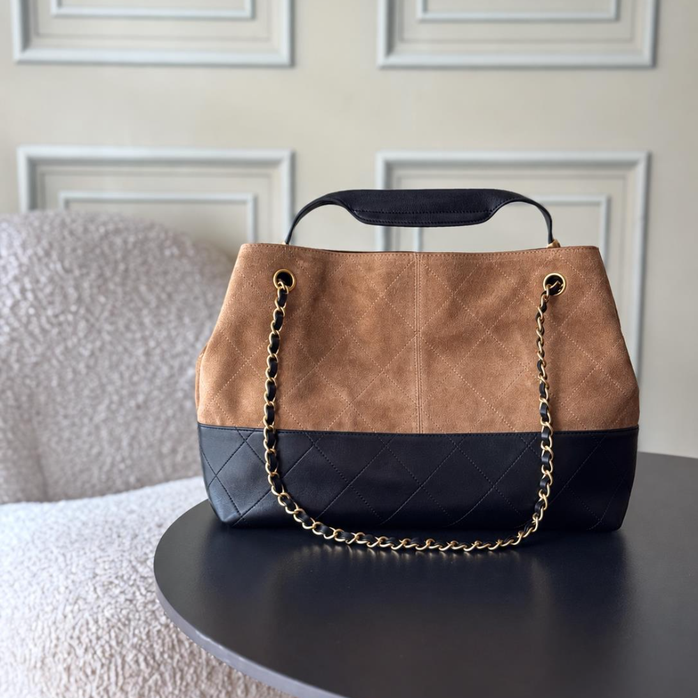 Suede Leather Tote Bag Quilted Panel Top Handle Chain Shoulder Carryall Large Capacity Structured Handbag for Work Commute Travel