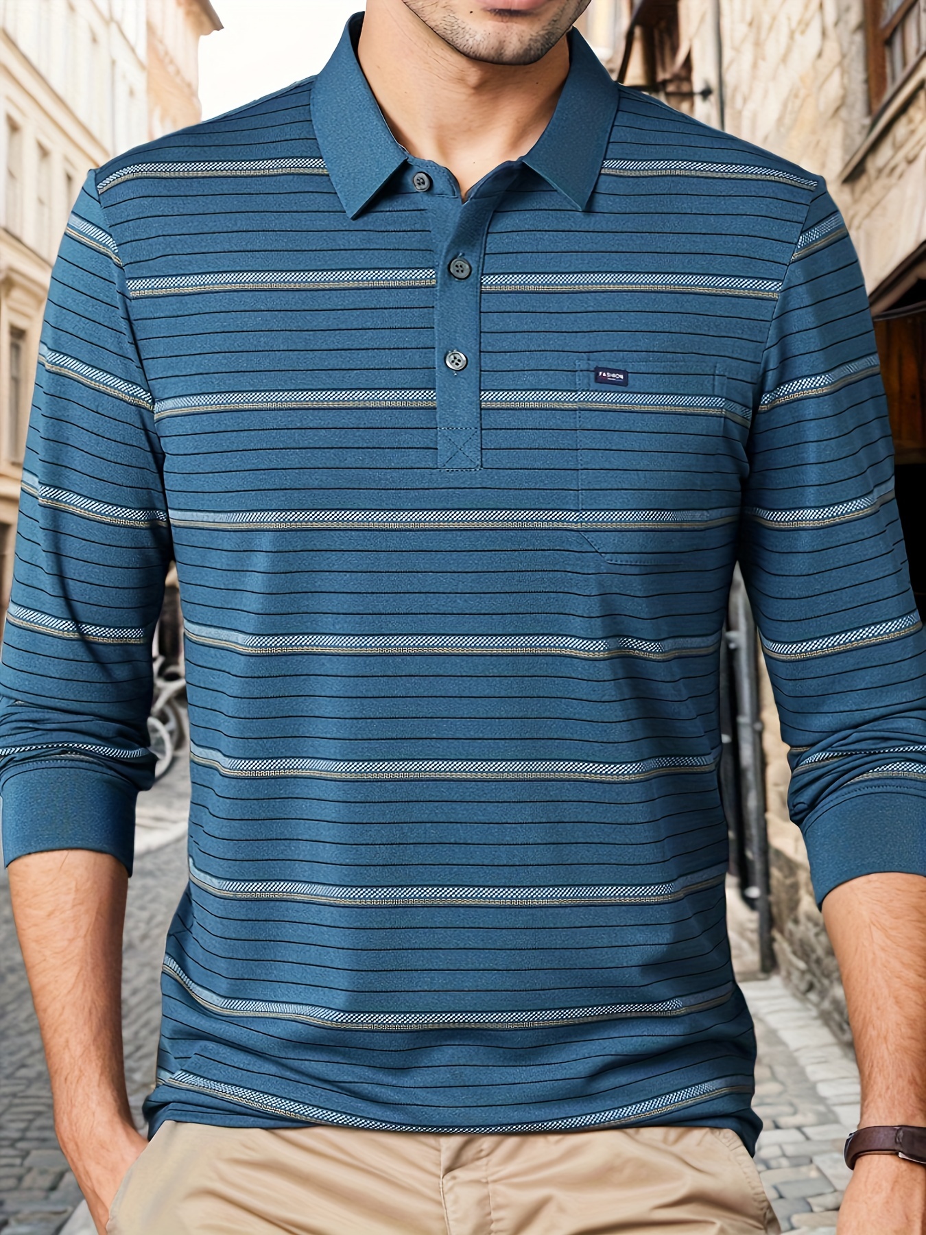 Designer Men's printed color block striped long sleeve polo shirt with a 1/4 button closure real pockets breathable fabric suitable for golf an