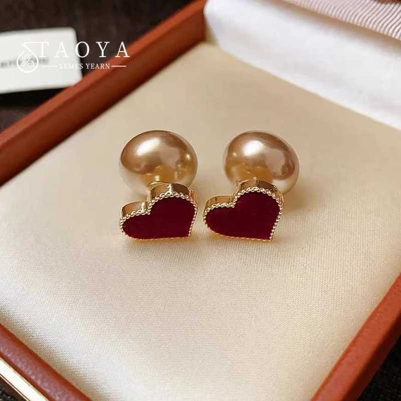 French Elegant Wine Red Velvet Heart-Shaped Champagne Pearl Rear Hanging Stud Earrings New Design Jewelry cessories For Womens M260922