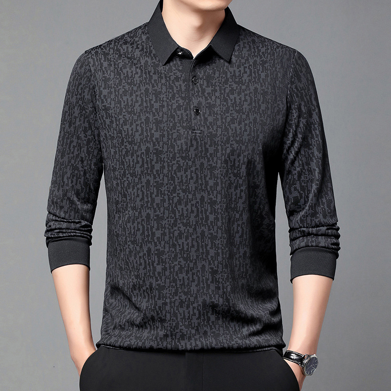 Designer e commerce: 2026 autumn collection men's long sleeved polo shirt with printed design fashionable casual style featuring pocket and a t