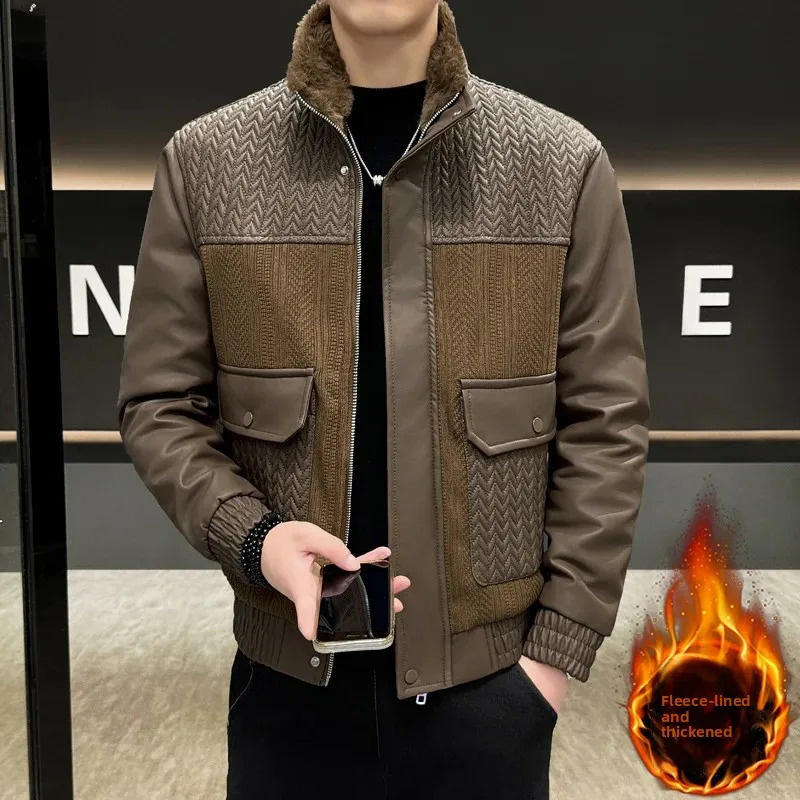 Korean Knitted Splicing Leather Jacket Men Winter Thickened Velvet Motorcycle Business Social Streetwear Clothing 260902