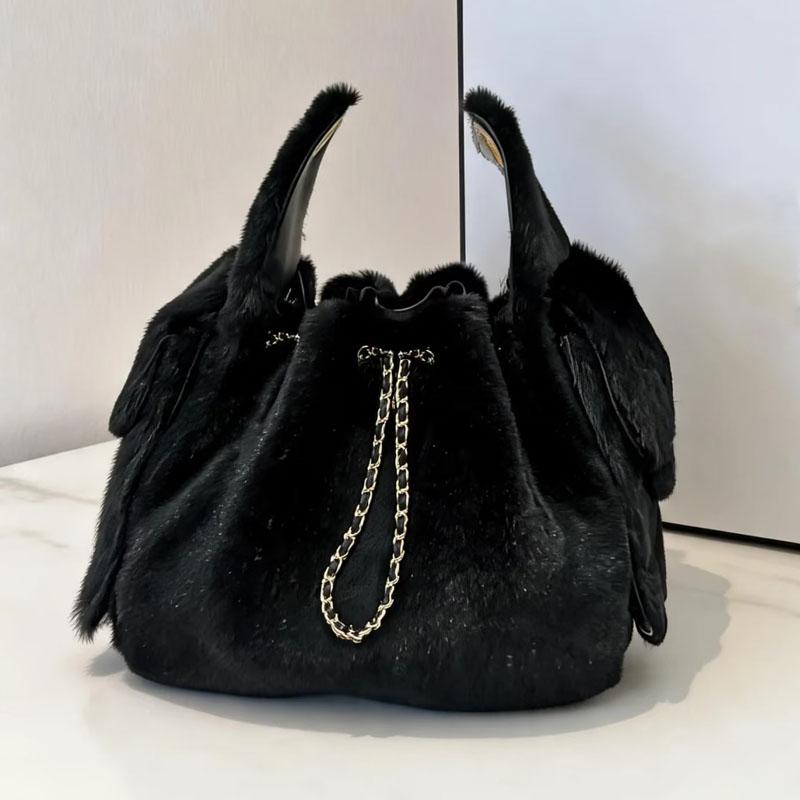 Sac seau en peluche pour femmes, sac seau rétro avec chaîne de perles, sacs à bandoulière texturés, petits sacs à main féminins, sacs à main exqu