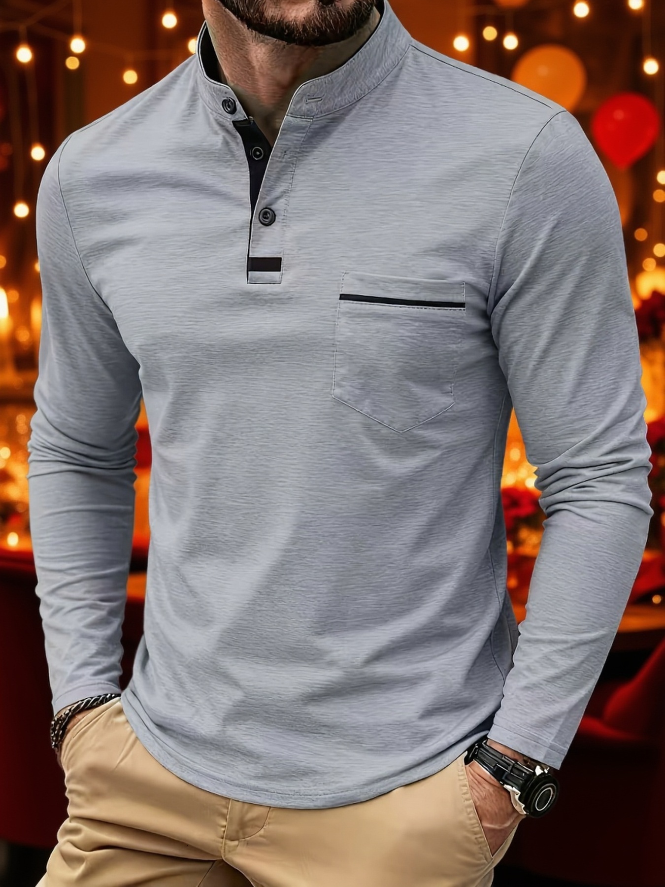 Designer 2026 autumn new men's stand up collar henley shirt; solid color casual sports golf long sleeve polo shirt 46