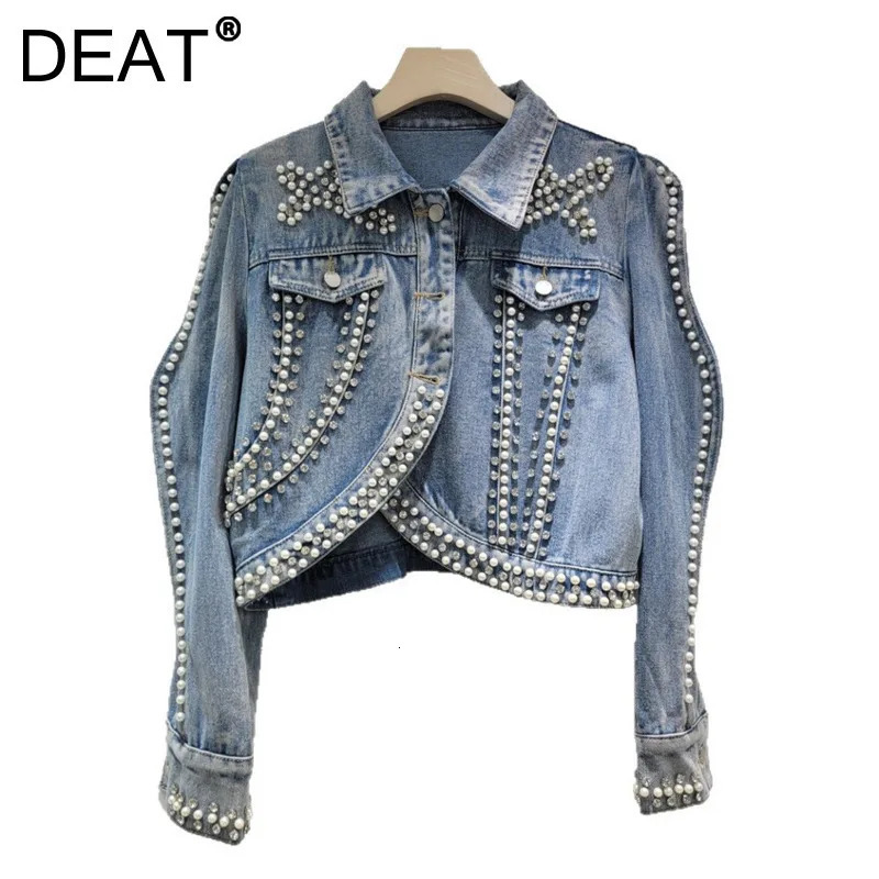 DEAT Women's Denim Coat Diamonds Pearls Wave Shape Long Sleeve Single Breasted Short Jackets 2026 Summer Fashion 29A2035 260909
