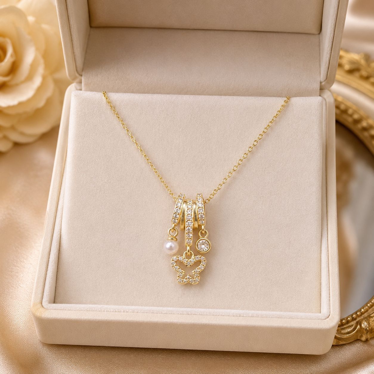 Cross-Border Best-Selling 18K Gold-Plated Triple-Ring Necklace With Cubic Zirconia Butterfly And Pearl Pendant, Titanium Steel Clavicle Chain Design