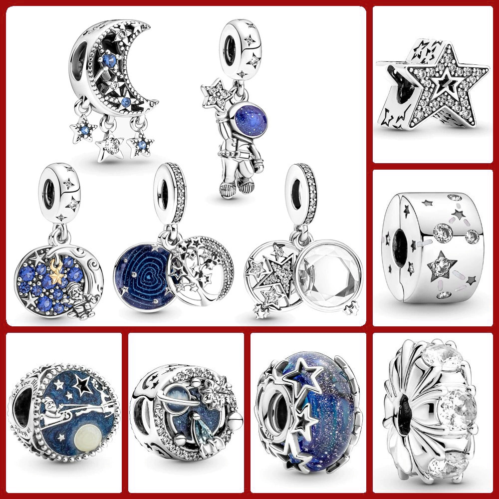 Luxury Space Charm Beads Moon Star Dangle Charms with Crystal Zircon Fit Snake Chain Bracelet DIY Jewelry Making Accessories