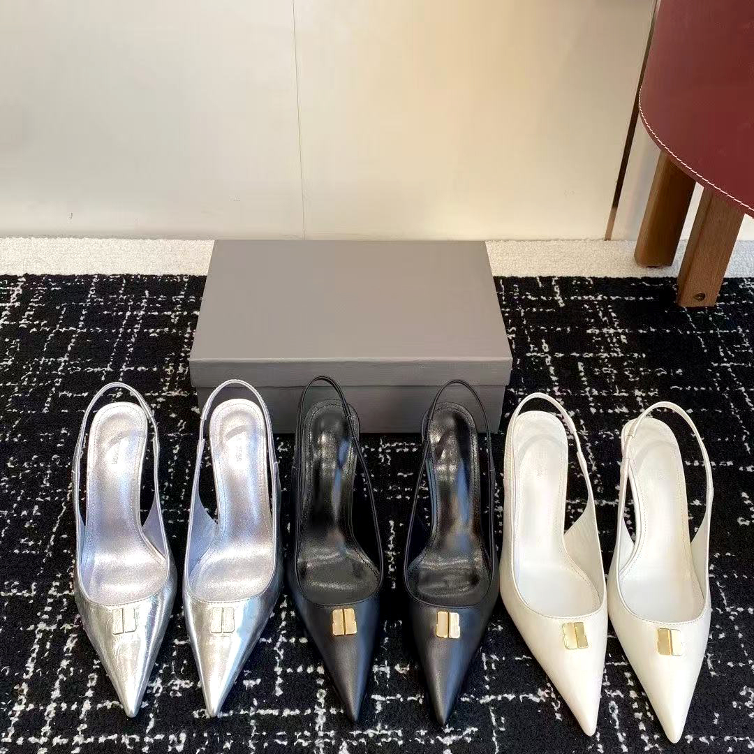 New Stiletto Heel Party Slingback Pumps Sexy Fashion luxurys Designer sandal Women Calf Leather Heels Pointed Toe dress shoes Backless Metal Logo El