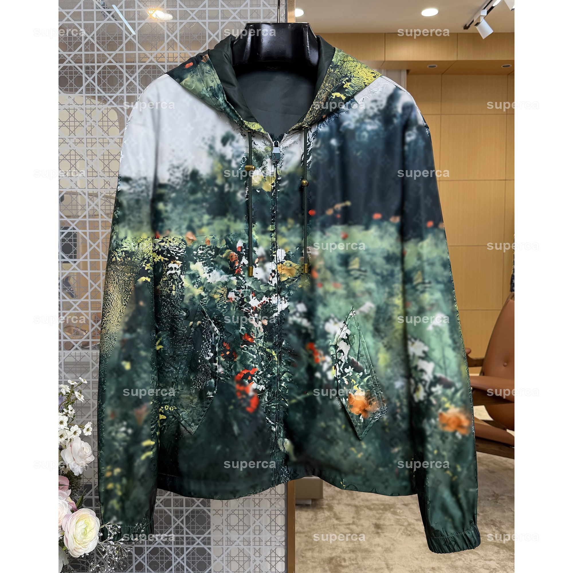 Men's And Women's Luxury Designer Oil Painting Floral Print Hooded Jacket Drawstring Loose Drop Shoulder Windbreaker Casual Outerwear