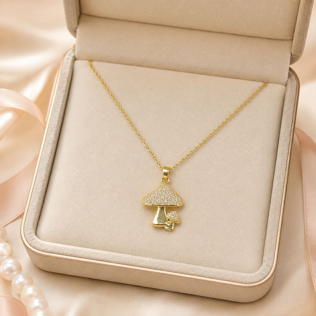European American Cross-Border 18K Gold-Plated Cute Mushroom Necklace Pendant With High-End Design And Zircon Clavicle Chain
