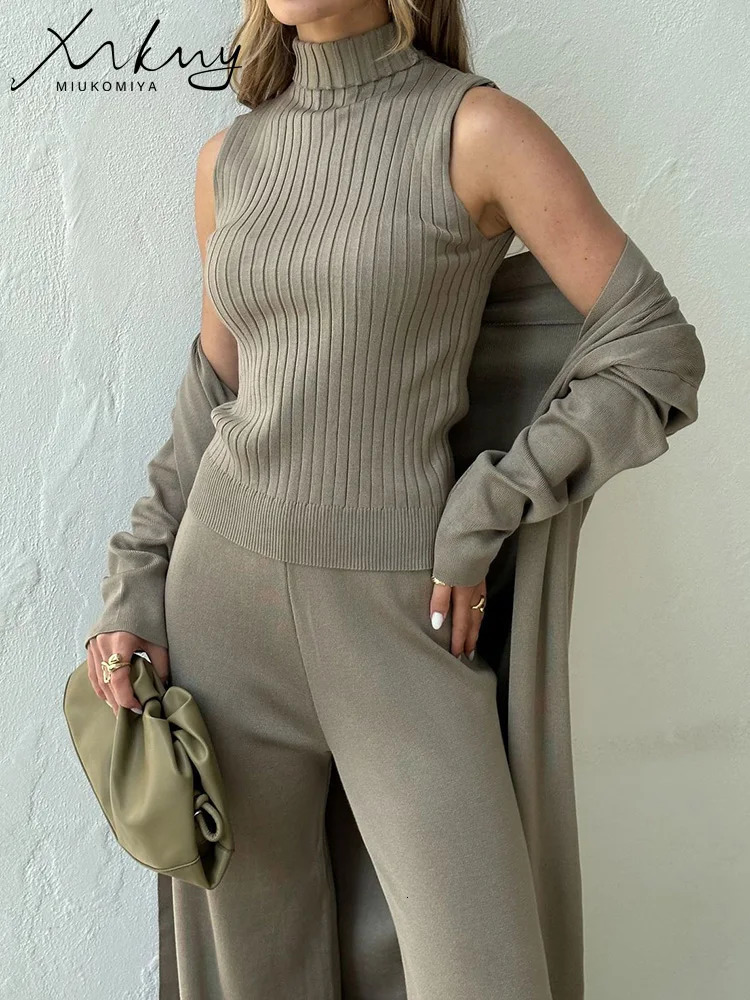 Spring 3 Pieces Set Outfits Women Knitted Suits Pants Sets Khaki Turtleneck Vest Long Cardigans Loose 3 Pieces Suit For Women 260909
