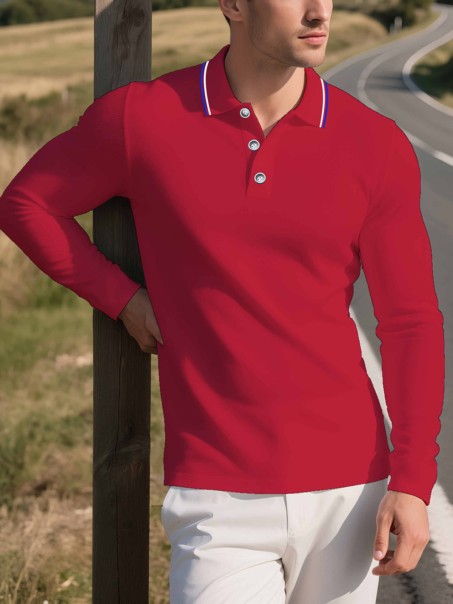Designer Business casual men's long sleeved polo shirt loose and comfortable flattering to all body types with classic collar for a sharp look