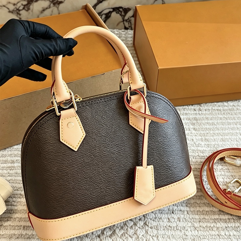 Sac à main de designer classique vintage Shell pour femmes de haute qualité Rétro Contraste Tan Garniture en cuir Poignée supérieure Petit sac fo