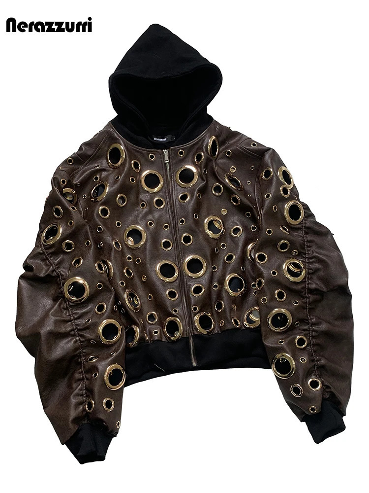 Nerazzurri Autumn Oversized Hollow Out Gold Pu Leather Jacket Men with Hood Hole y 2 Pieces Emo Menswear Clothing 2025 260902