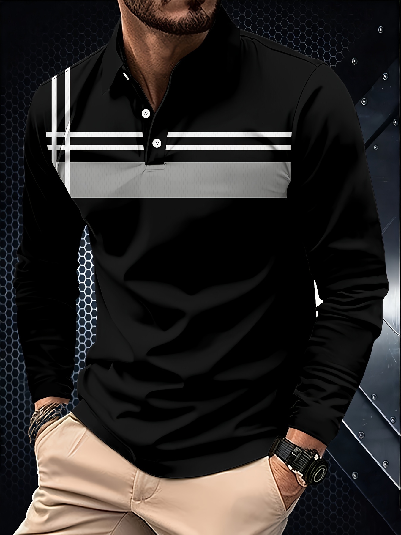 Designer Men's 3D printed casual long sleeved polo shirt suitable for golf 20 1d