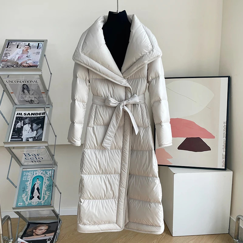 2023 Fashion Women Coat 90 White Goose Down Long Lady Jacket With Belt Big Collar Thick Warm y Outwear Female 260905