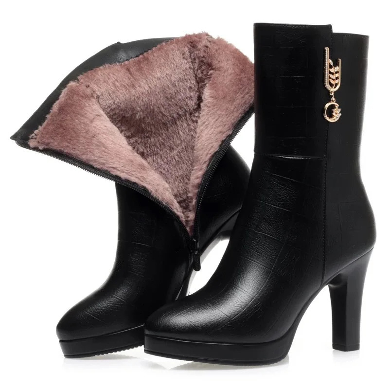 2026 Women Boots Waterproof Anti-Slip Women's Shoes High-heeled Fleece Lined Warm Fashion Boots Cold Resistant Breathable Winter 260910