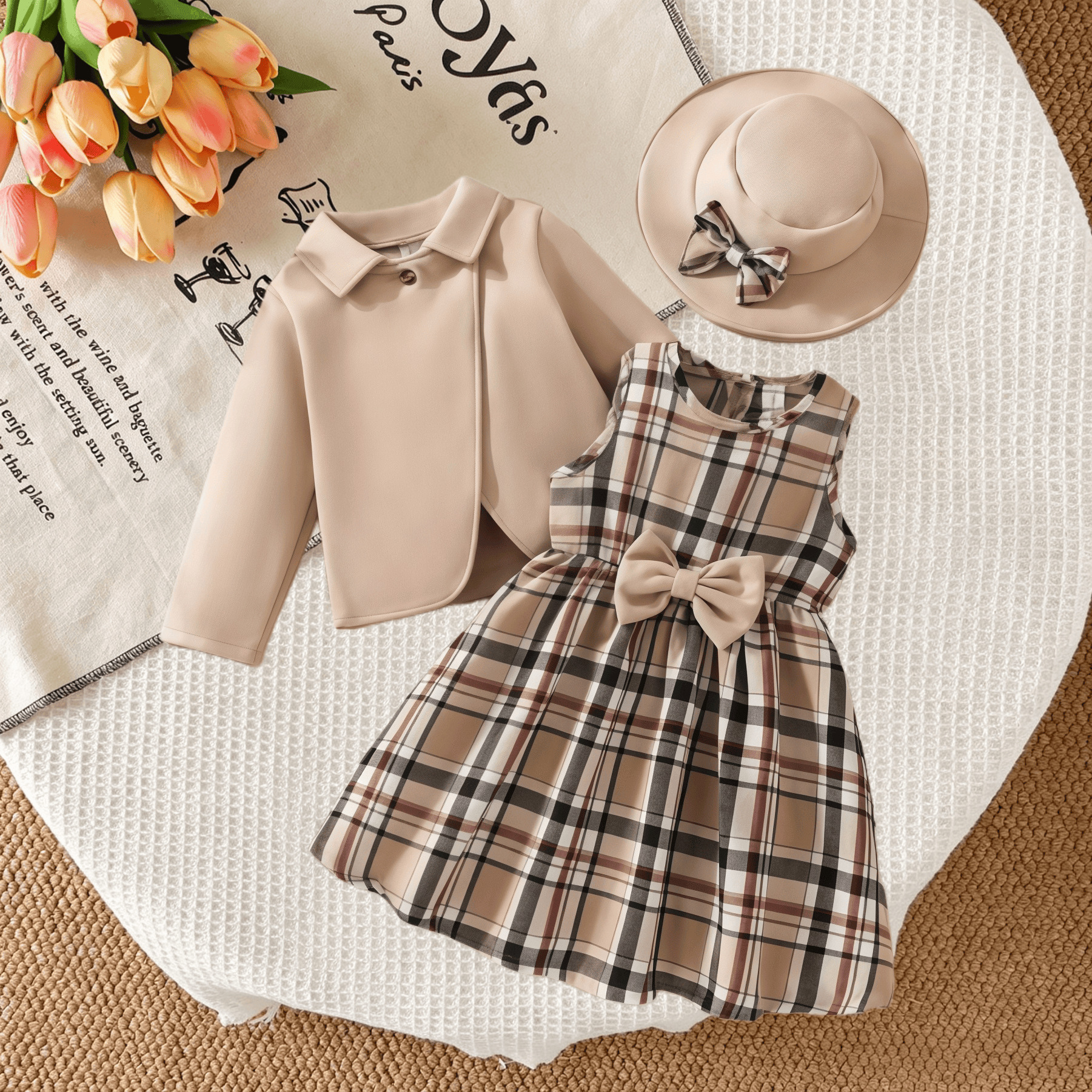 2620 Girls' Spring and Autumn Children's Clothing Fashionable plaid Dress Collar Coat with Hat 3-Piece Set