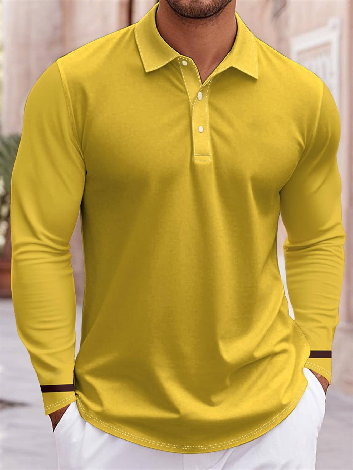 Designer Men's Long Sleeve Polo Shirt Yellow Solid Color Design Perfect for Everyday Wear Office Work Business Casual and Outdoor Activities Sp