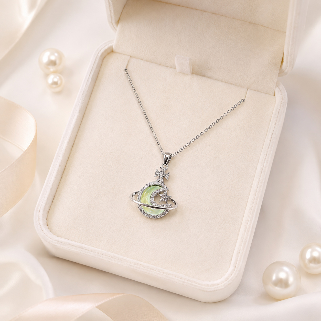 Cross-Border Fluorescent Green Moonlight Magic Planet Pendant Necklace For Women, Niche High-End Style, Popular Online, Light Luxury Collarbone Chai