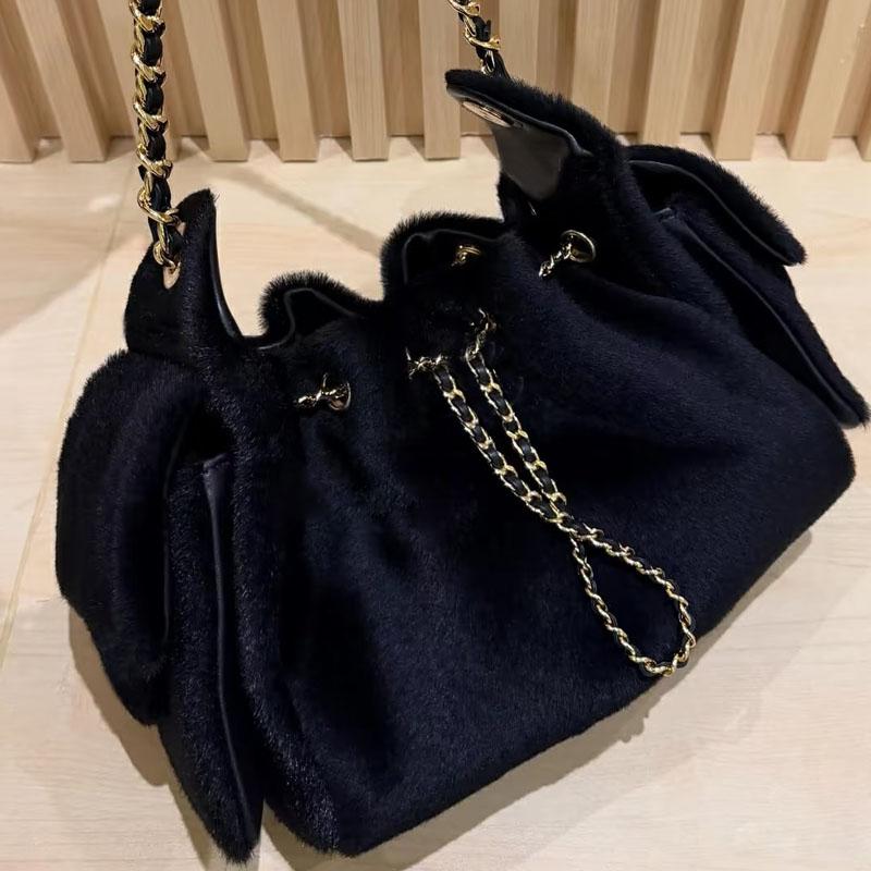 2026 Leopard Print Faux Fur Bucket Bag Hobo Free Delivery Winter Fashion Fluffy Drawstring Shoulder Chain Crossbody Handbag Brand High-end Underarms
