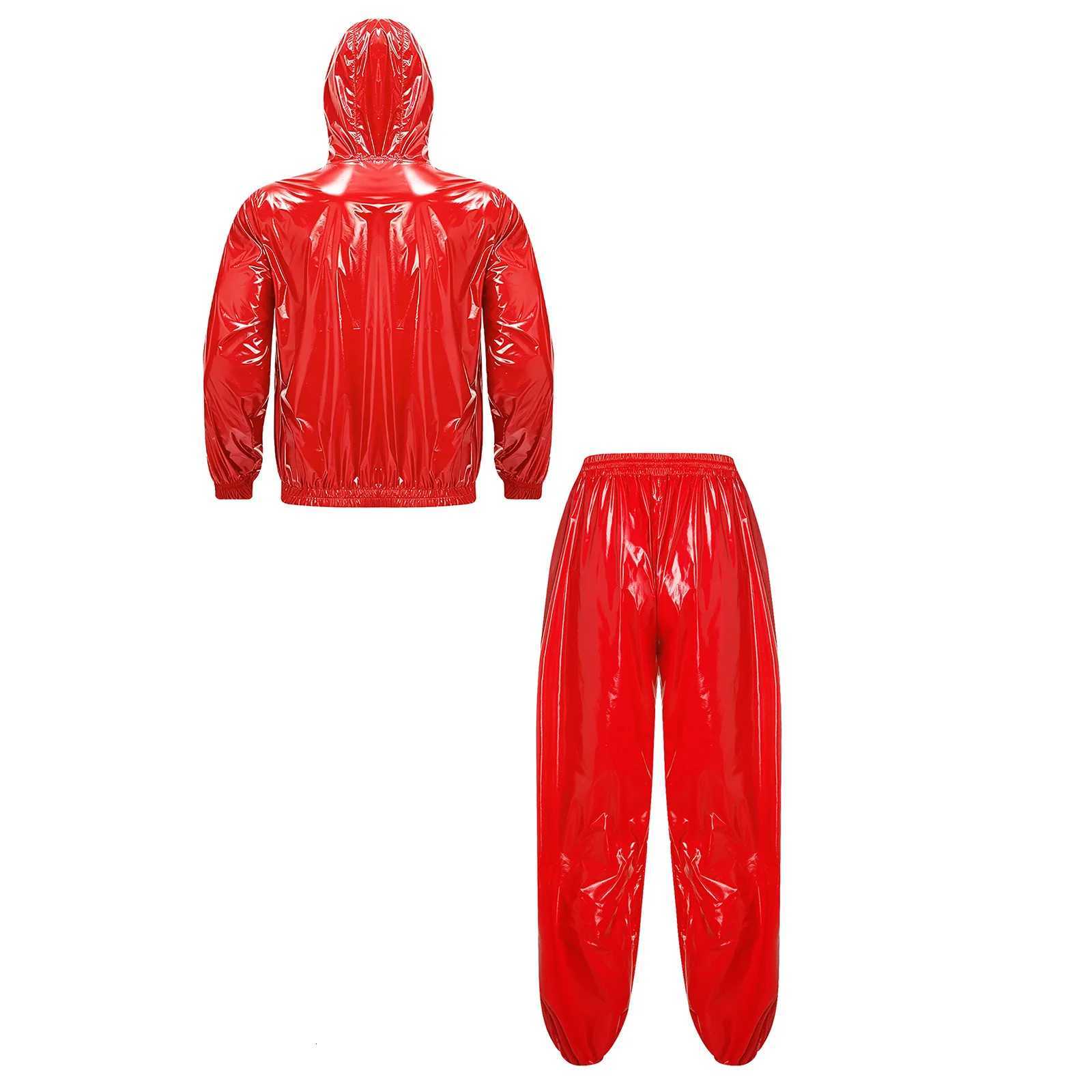 Outfit Men Fashion Casual Waterproof Raincoat Windbreaker Sauna Suit Jacket with Pants for Hip Hop Dance Sports Swim Club Party N260909