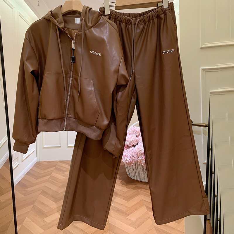 Survêtement à capuche en simili cuir pour femme, fermeture éclair complète, cordon de serrage, veste bombardier de luxe ample, pantalon droit à j