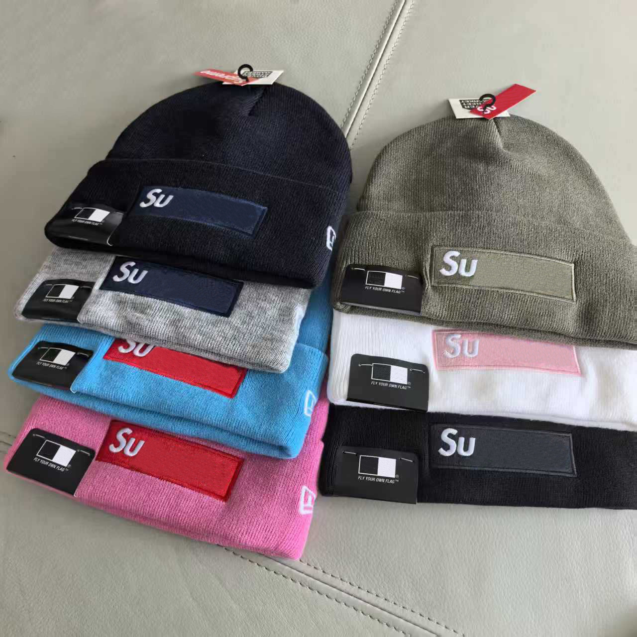 Luxurys Designers Red Box Patch Fisherman Beanie Men Women Navy Blue Flag Embroidery Smooth Knit Hat Cuff Skull Caps Hip Hop Bonnet Headwear Whole