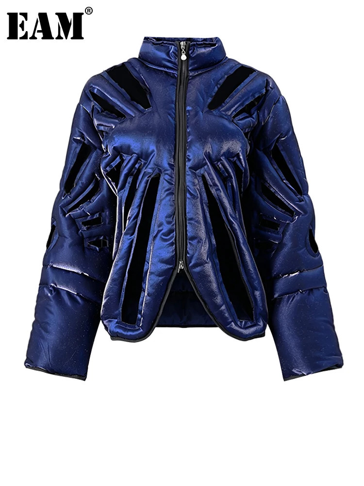 EAM Blue Hollow Out Big Size n Cottonpadded Coat Long Sleeve Women Parkas Fashion Autumn Winter 2026 CPG6617 260902