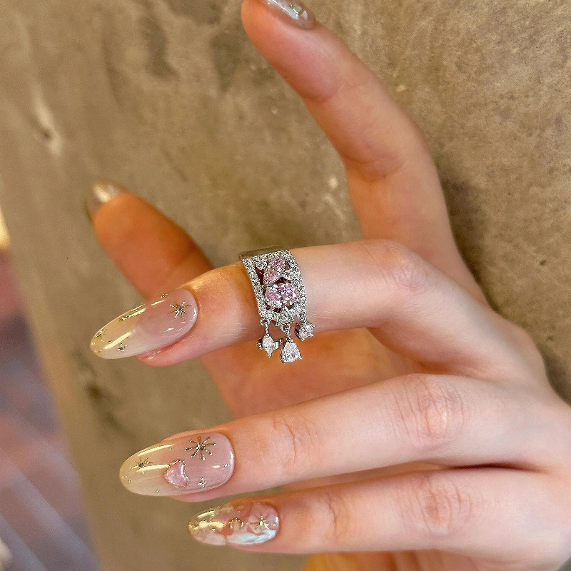 Wedding Ring Light Luxury Exquisite Hollow Pink Gems Water Droplet Tail Rings For Women Silver Sweet Style Tassel Ring Wedding Jewelry Visionice