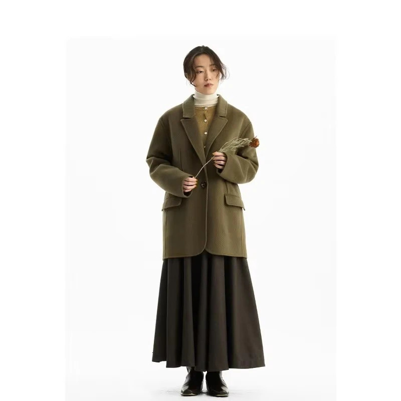DoubleSided Wool100 Wool Coat Woolen Suit Jacket Women's Oversized Top 260902