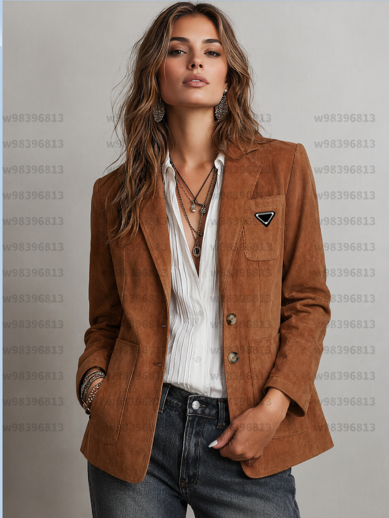 Women Suede Blazer Notched Lapel 2 Button Long Sleeve Pocket Vintage Casual Suit Jacket