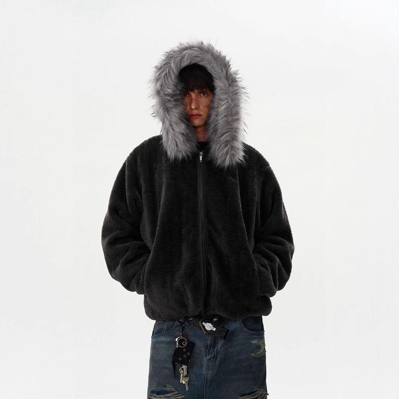 Designer Haute Qualité Hommes Hiver Épais Chaud Fausse Fourrure Fluffy Manteau À Capuchon Lâche Zip Style Coréen Streetwear Casual Vêtements D'ex