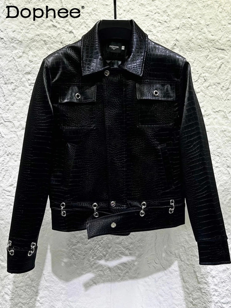 2025 Winter Fashion Solid Color PU Leather Jackets Men Metal Splicing Faux Coats Trendy Handsome Motorcycle 260902