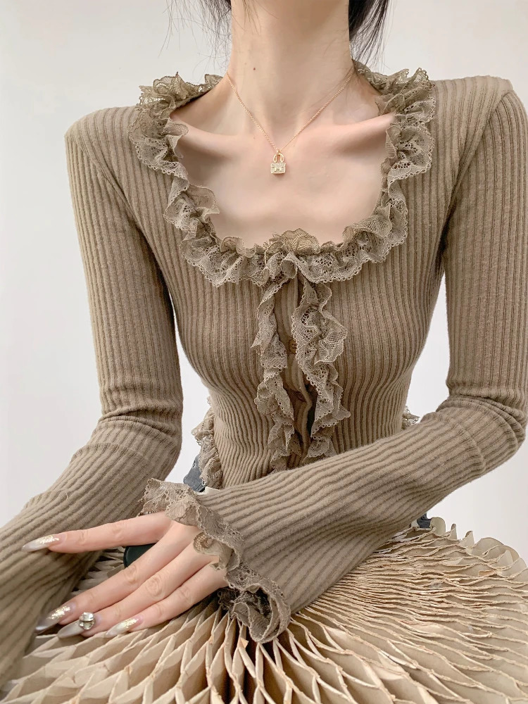 2026 Square Collar Lace Edge Splicing Long Sleeve Knitted Sweater Womens Retro Short Style Slim Tops Singlebreasted Cardigan 260909