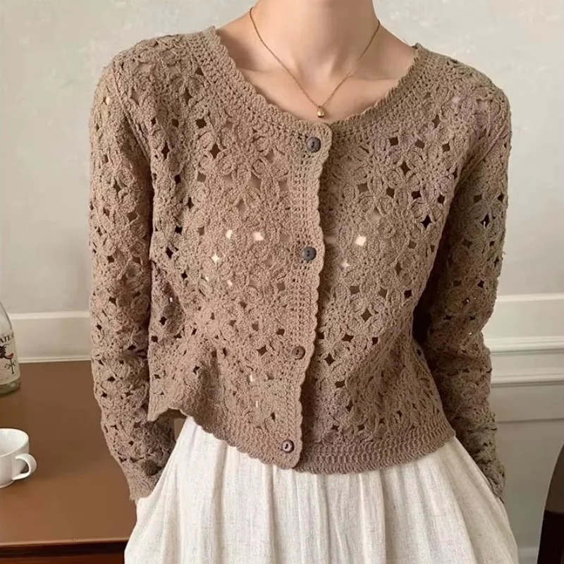 Long Sleeve Crochet Top for Women Sheer Button Up Hollow Out Openwork Knit Cardigan Jacket Spring Summer Boho Vacation Outfit 260909