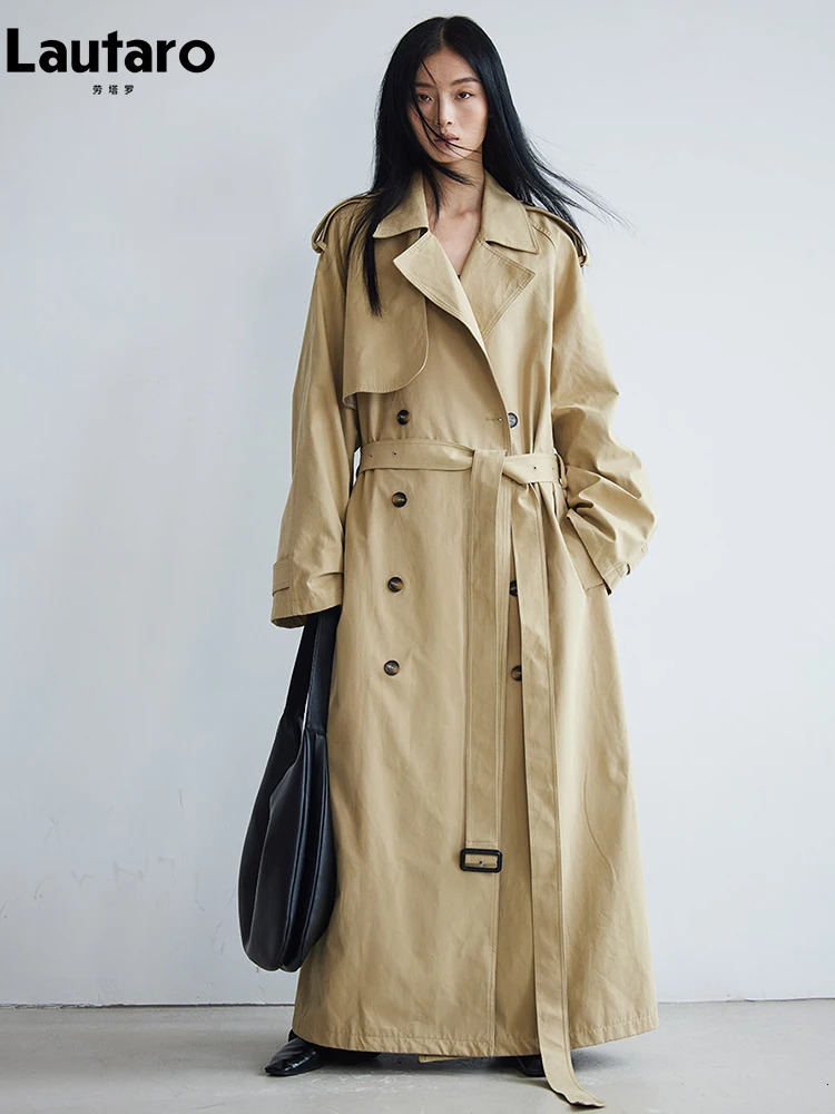 Lautaro Spring Autumn Oversized Khaki Long Trench Coat for Women Raglan Sleeve Sashes Double Breasted Clothes Overcoat 260902