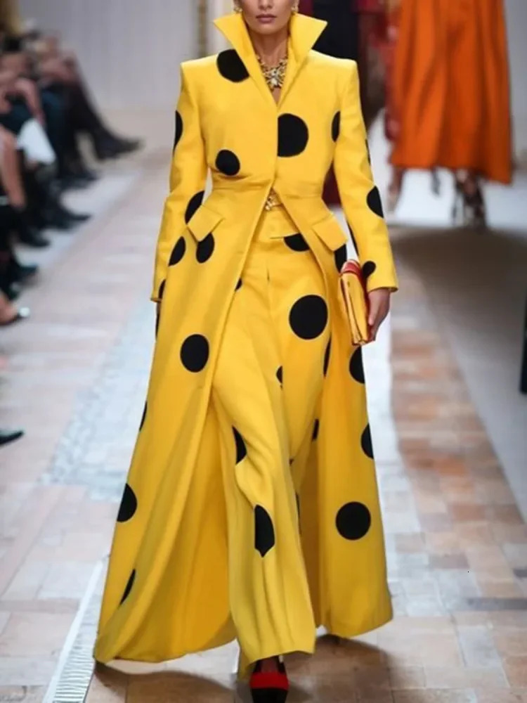 Gymystars PolkaDot Woolen Coat Women's Long Jacket 2026 SplitJoint Sleeves Lapel Elegant Yellow Outerwears Female 260902