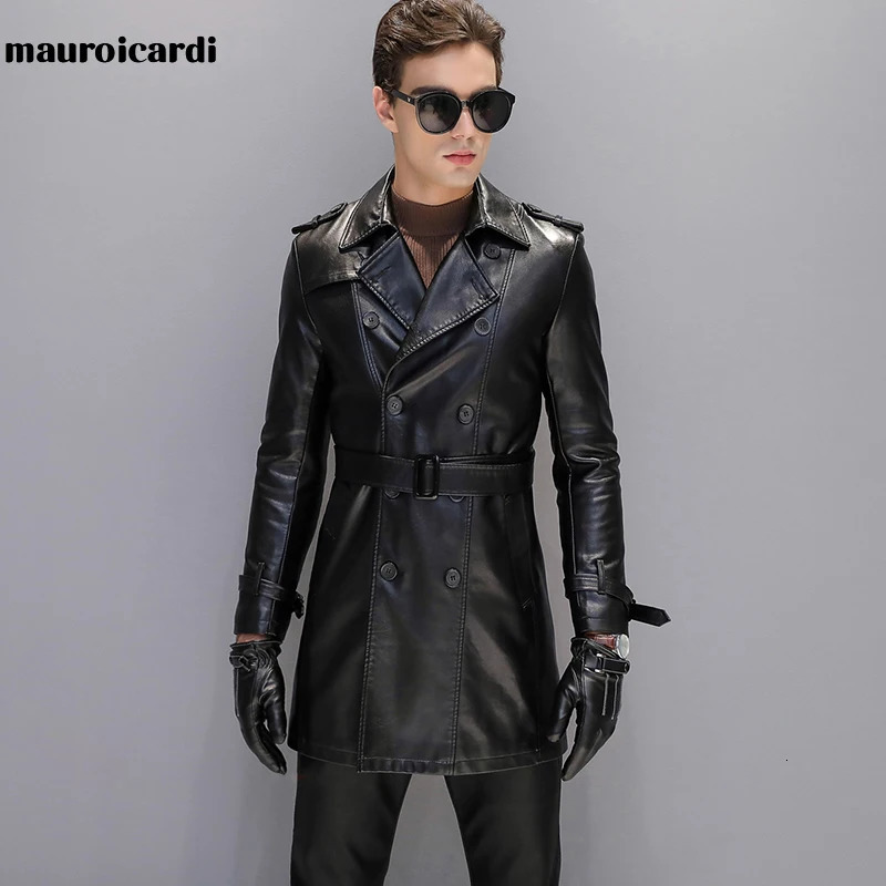 Mauroicardi Autumn Black Faux Leather Trench Coat Men Long Sleeve Belt Double Breasted Brown Plus Size Clothing 4xl 5xl 260902