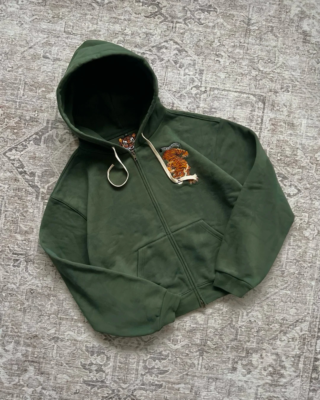 Tiger Embroidered Pattern Hip Hop Street Green Zipper Hoodie Harajuku Style Men Y2k Warm Retro Sports Casual Loose Soft Hoodie 260916