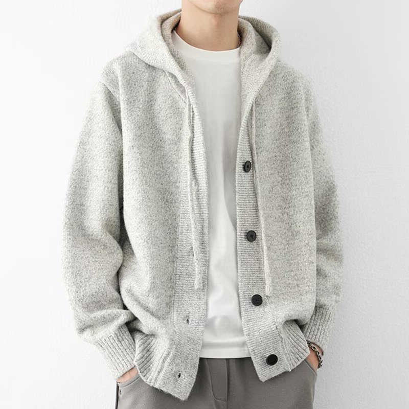 Hooded Winter Men's Casual Knitted Cardigan Korean Fashion Loose Button-up Sweater Y2K Vintage Streetwear Knitwear Coat D260910