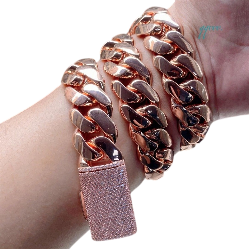 Fashion Cuban Link Men Necklace Chunky Chain Rose Gold Bracelet Set For Men Women Necklaces 18mm Brass Chain With Bling Iced Out Lock Hip Hop Fashio
