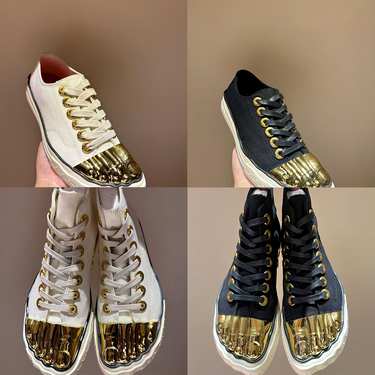 Schiaparelli Fashion Casual shoe low High top Sneakers Canvas Gold 3D Sculpted Toe tennis Lace Up Shoes Vintage Outdoor Flat Trainers black White St