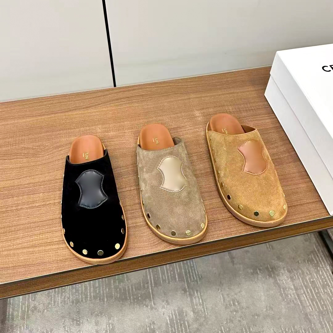 Celinda Slide Women Slip On Mules Suede Slipper Beach Fashion luxury Designer Metal Rivet Closed Toe sandals Top quality Home Classis Flat Casual Sh
