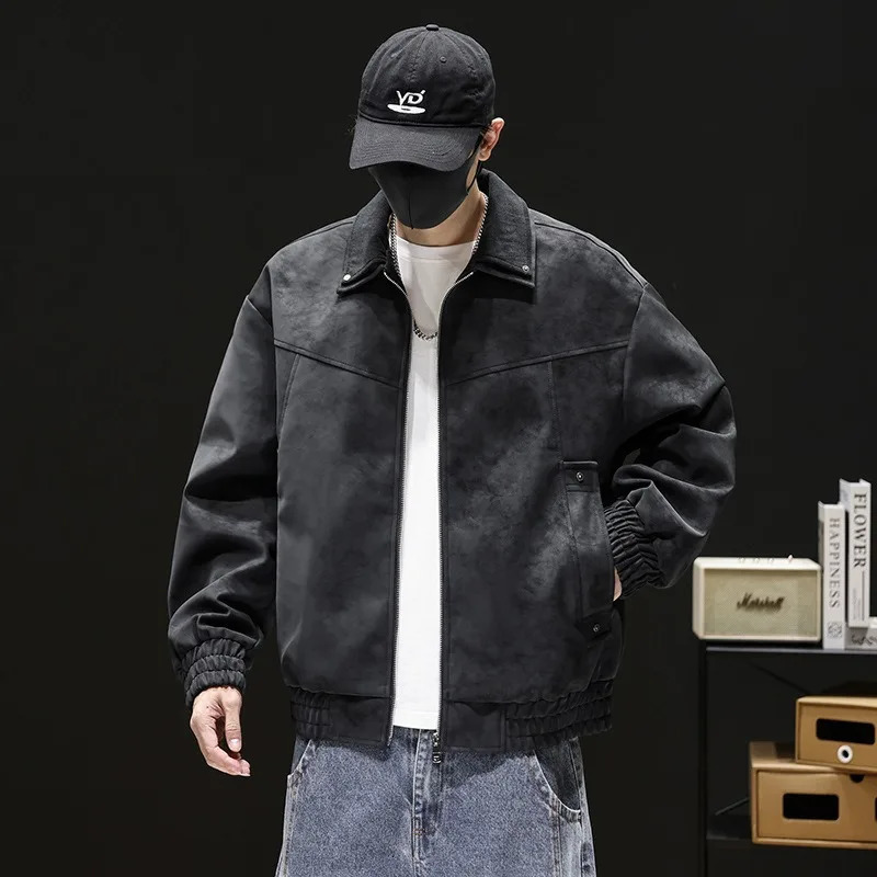 Men's Tie Dye Faux Leather Jacket Lapel Collar Loose Fit Casual Autumn Motorcycle Coat Black 260902