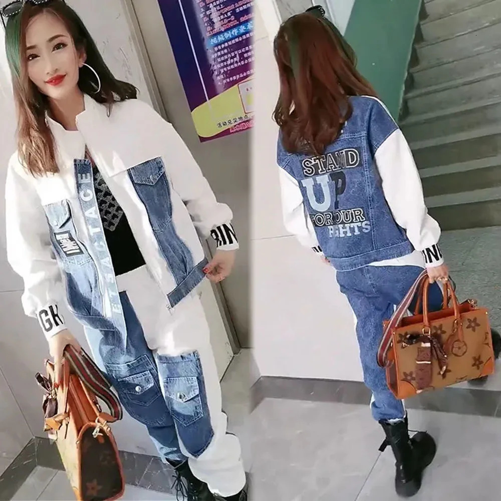 Autumn Denim Splice Fashion Suit Women's Loose Oversized Jacket Pencil Pants Two Piece Sets S-6XL All-match Trousers Suits 260909