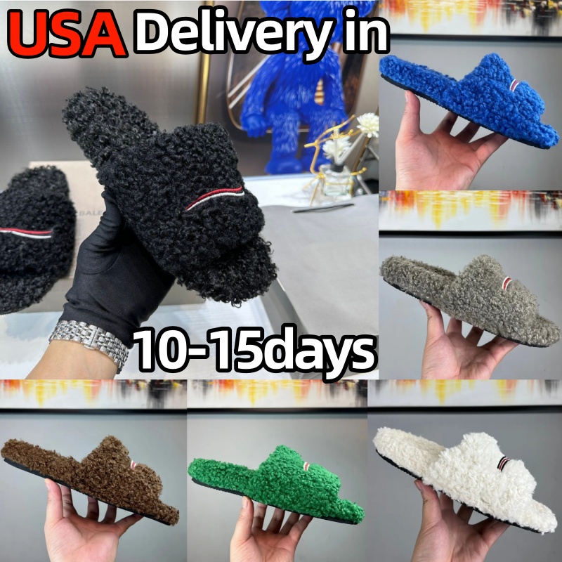 withbox luxury designer furry fluffy Cotton slipper men women plussize lightweight soft bottom flat flat line home slides grey white black pink o