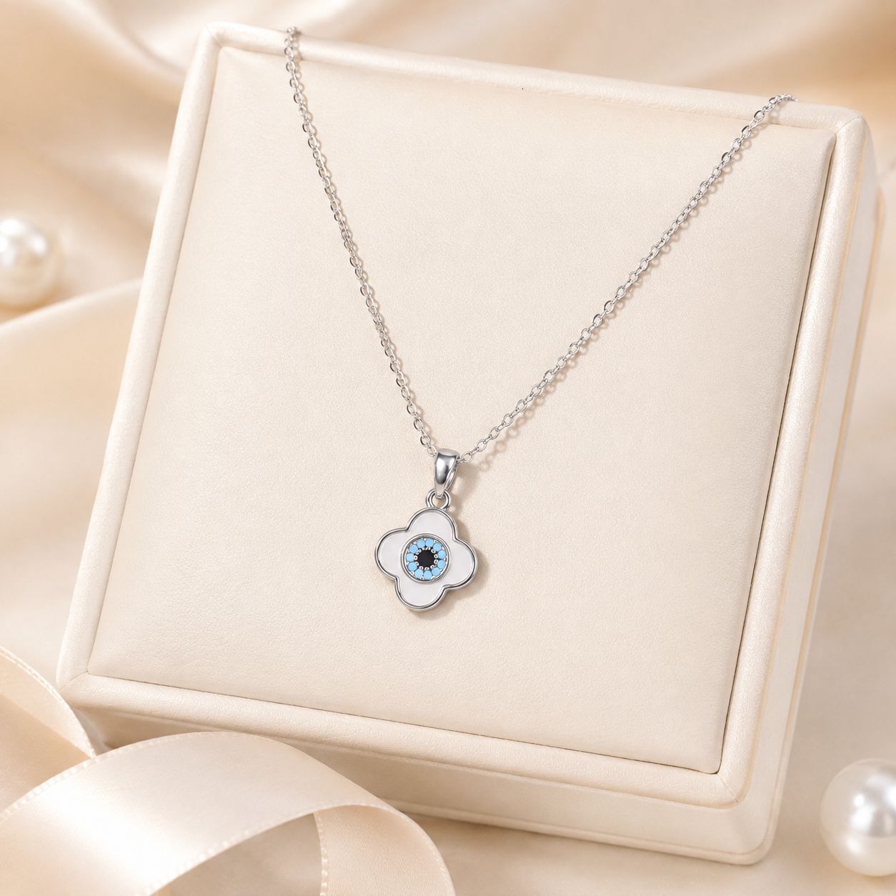 Light Luxury Sea Blue Round White Shell Four-Leaf Clover Pendant Necklace For Women, Versatile Clavicle Titanium Steel Chain, Tiktok Live