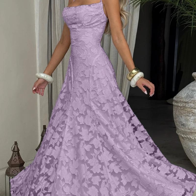 Robe longue romantique pour femmes, col carré, bretelles fines, sans manches, motif floral surélevé, dos ouvert, ourlet pivotant, robe formelle d