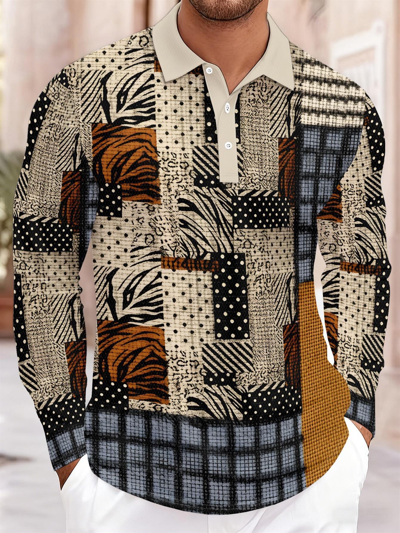 Designer Men's Casual Long Sleeve Polo Shirt Beige Black Brown Patchwork Animal Zebra Print Polka Dot Plaid Pattern Daily Wear Vacation Beach P